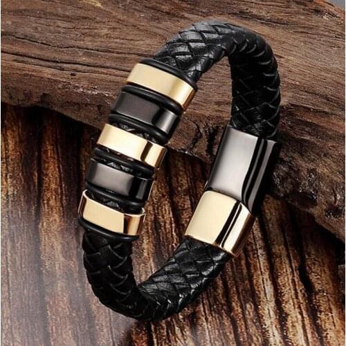 Cool Punk Black Gold Stainless Steel Magnetic Button Design Genuine Leather Bracelet for Men Fashion Bangles Casual Accessories