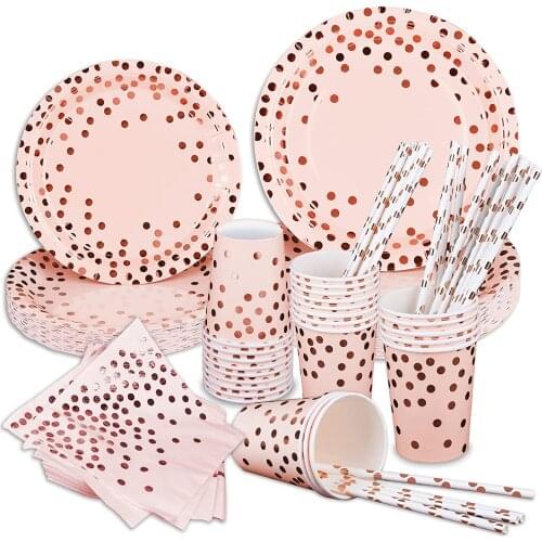 Pink Gold Party Supplies Set Paper Tableware Plate Disposable Dinnerware Birthday Cutlery Decoration for Wedding Anniversary