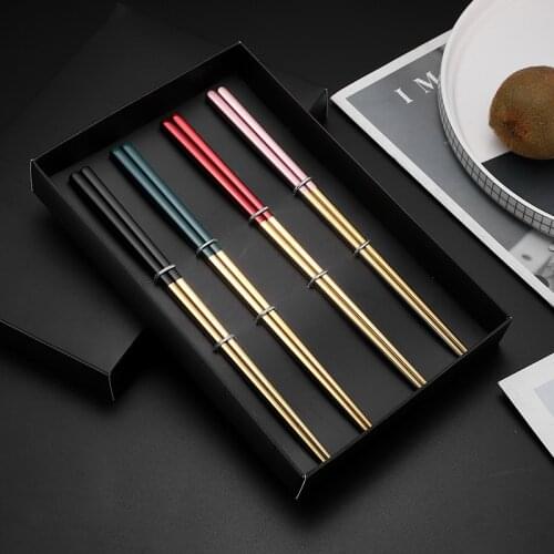 4pcs/set 304 Stainless Steel Chopsticks With Box Titanium Plating Golden Colorful Non-slip Square Home Cutlery Set Meal
