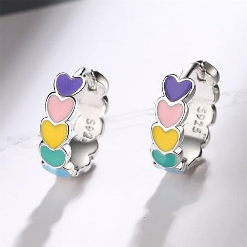 Charming Colorful Heart Hoops For Women Jewelry Trendy 925 Sterling Silver Earrings For Girls Party Accessories Fashion Gift
