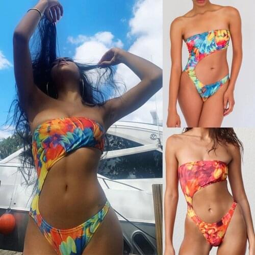Sexy High Cut Out Monokini Bandeau Push Up One Piece Swimsuit Women Swimwear Print Bandage Bathing Suits Bodysuit Beach Wear
