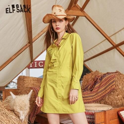 ELFSACK Solid Pure Casual Minimalist Shirt Dresses Women,2021 Summer ELF Vintage High Wasit Korean Ladies Basic Daily Dress