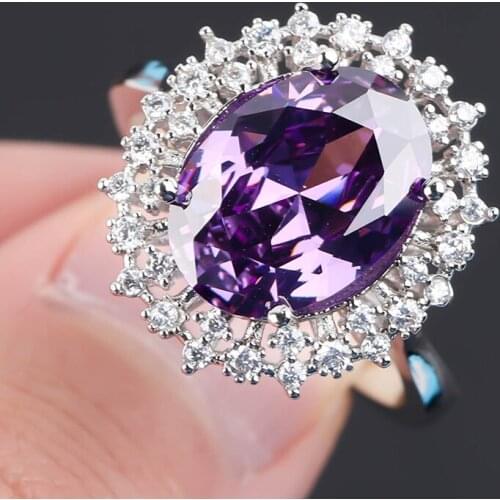 Luxury Large Purple Stone Rings For Women Princess Engagement Wedding Flower Rings For Women Elegant Wedding Jewelry