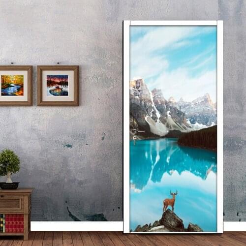 3D Self-adhesive Door Sticker Mountain Water Landscape Wall Painting Living Room Bathroom PVC Waterproof Door Mural Wallpaper