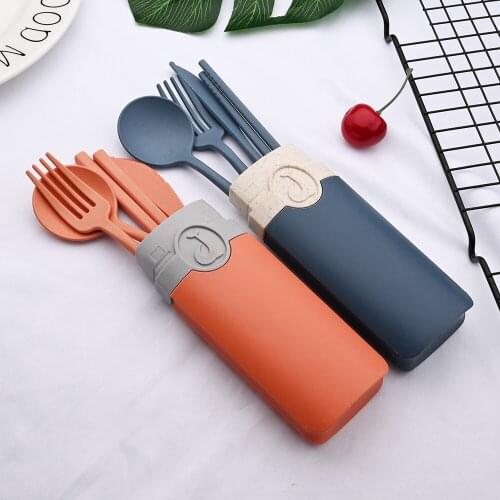 Portable Flatware Reusable Spoon Fork Travel Picnic Chopsticks Wheat Straw Tableware Cutlery Set With Carrying Box For Student
