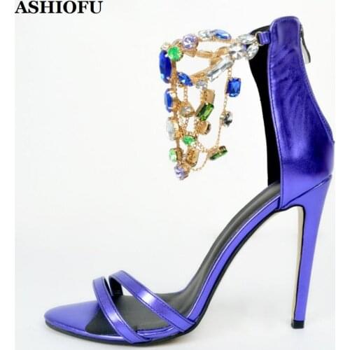 ASHIOFU Handmade New Ladies High Heel Sandals Crystals Jewelry Party Prom Summer Shoes Open-toe Evening Club Fashion Sandals