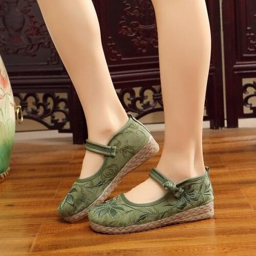Vintage Handmade Ladies Soft Cotton Fabric Embroidered Ballet Flats Comfort Women With 2cm Platform Walking Sneakers