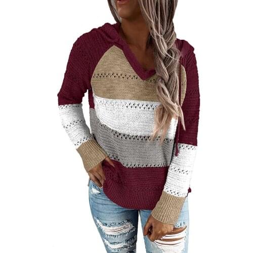 Casual Sweater Women Autumn Long Sleeve Stripe Patchwork Knitted Pullover Hooded Sweater Knitted Pullover Hooded Sweater 2020