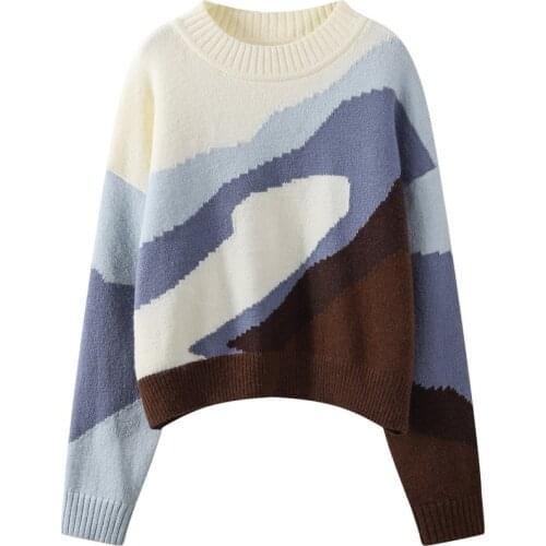 Block Color Vintage Knitted Sweater Pullovers Women O-Neck Long Sleeve Loose Casual Outwear Striped Harajuku Jumpers