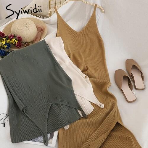 Syiwidii Side Slit High Waist Knitted Sexy Camis Dresses Women Sleeveless A-line Solid Green Clothing 2021 Summer Korean Fashion