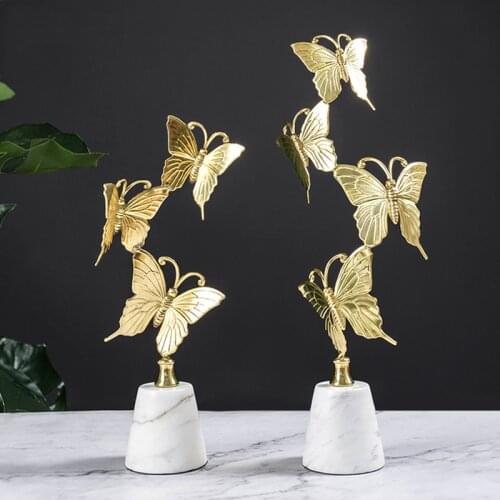 Home Decor Accessories Four Fly Gold Brass Butterflies Statues Cone White Marble Figurine Craft objetos decorativos para a casa