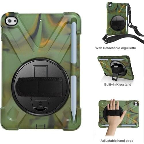 Kids Safe Silicone + PC Hybrid Case Back Cover with Shoulder Wrist Strap and Kickstand Function for Apple iPad Mini 4 Mini 5+Pen