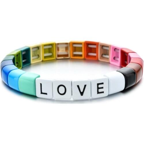 Boho Half Moon Beads Rainbow Enamel Tile Bracelet LOVE Initial Letter Bracelet Adjustable Stretch Pulceras Mujer Jewelry Bracele