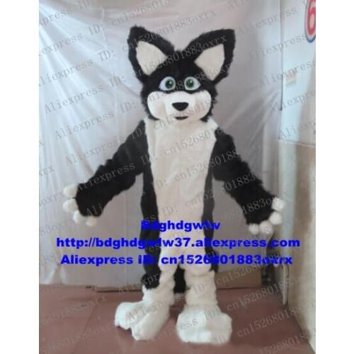 Black White Long Fur Wolf Fox Husky Dog Alaskan Malamute Border Collie Mascot Costume Character Brand Image Put On Nice zx715