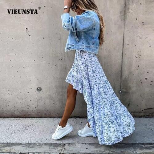 Elegant Temperament Flowy Irregular Skirt Women Fashion Draped Ruffle Long Skirts Spring Summer New Flower Print Party Dress XL