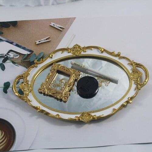European Mirror Glass Metal Storage Tray Gold Fruit Plate Desktop Jewelry Display Tray Plate Cosmetic Storage Organizer