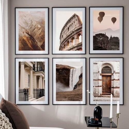 Abstract Mountain Colosseum Rustic Door Waterfall Nordic Poster Wall Art Print Canvas Painting Decor Pictures For Living Room