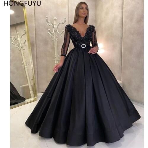 HONGFUYU Sarin V-neck Formal Evening Dresses with Crystals Black 3/4 Long Sleeves Prom Party Gowns robe de soiree Ball Gown