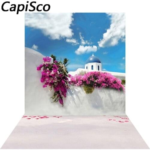 Capisco Romantic pink flowers on a low wall Blue sky white clouds wedding Customized photography Backdrop Background studio prop
