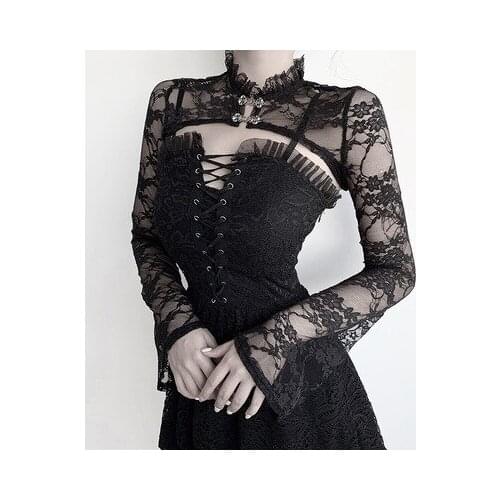 Medieval Women Black Shawl Gothic Long Sleeve Lace Hallow Out Crop Tops Stand Collar With Buttons Punk Flare Sleeves T shirt