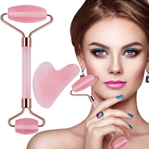 Jade Roller Gua Sha Face Roller Facial Beauty Roller Skin Care Tools Rose Quartz Facial Massager for Face Eye Neck Relieve Fines