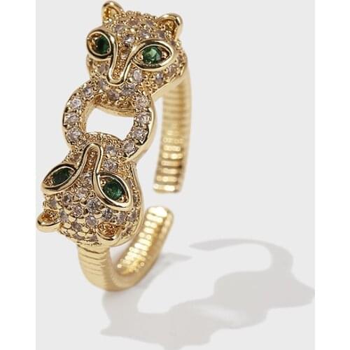 Trendy Women Men Gold Color Copper Metal Zircon Cubic Zirconia CZ Adjustable Opening Animal Double Leopard Rings Party Jewelry