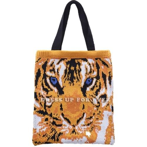 Fashion Female Bag Embroidery Knit Handbag Retro Panelled Woolen Ladies Bag Large Capacity Cartoon Tote Shopping Bags For Women