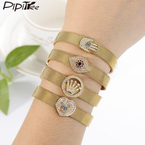 Pipitree Fashion Evil Eye Hamsa Hand Heart Crown Charm Bracelets for Women CZ Zircon Gold Mesh Stainless Steel Bracelet Jewelry