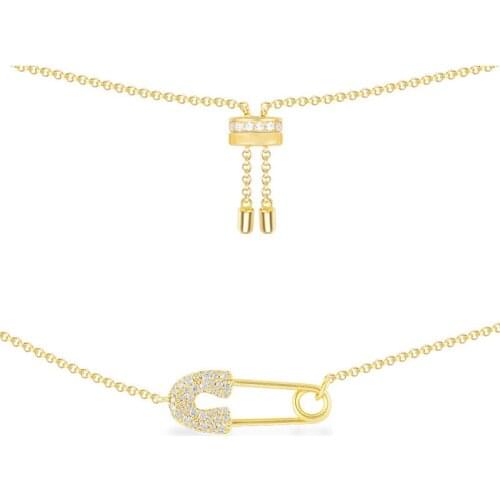 SLJELY Fashion Design 925 Sterling Silver Yellow Gold Color Safety Pin Pendant Necklace Simple Adjust Clavicle Chain for Women