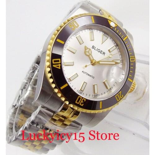 BLIGER Men Watch Sapphire Glass Self Winding Movement MIYOTA Gold Coated Bezel Jubilee Band