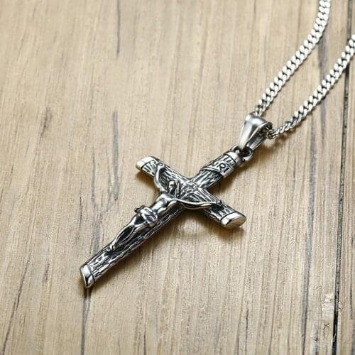 Ancient Crucifix Cross Charms Necklace Pendant Stainless Steel Punk Jewelry For Men Male Jesus Rosary Christening Gift
