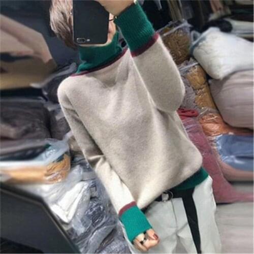 New arrival pure cashmere thick knit women fashion patchwork turtleneck loose pullover sweater S-2XL retail wholesale