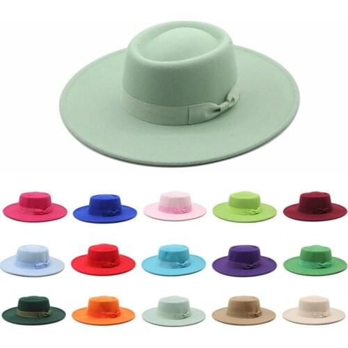Simple 8.5cm Brim bowknot bowler hat ladies elegant retro style British woolen jazz hat autumn winter solid color Panama hat