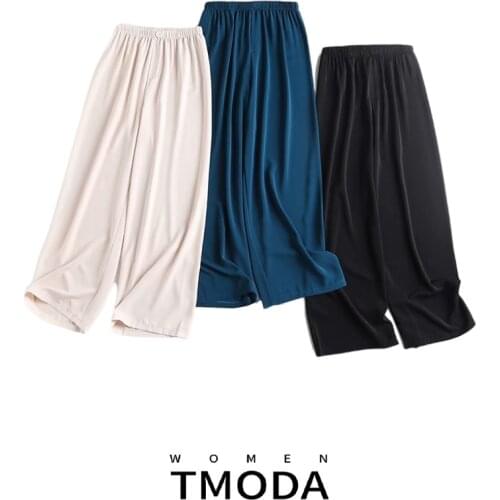 TMODA1272 2021 Summer Womens Chiffon Wide Leg Pants High Waist Drape Loose Traight Casual Pajamas Pants Ladies Pant Trousers