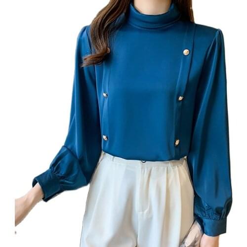 2021 Fashion Women Double Breasted Satin Blouse Spring Elegantes Womens Shirts Turtleneck Plus Size Long Sleeve Blouses femme