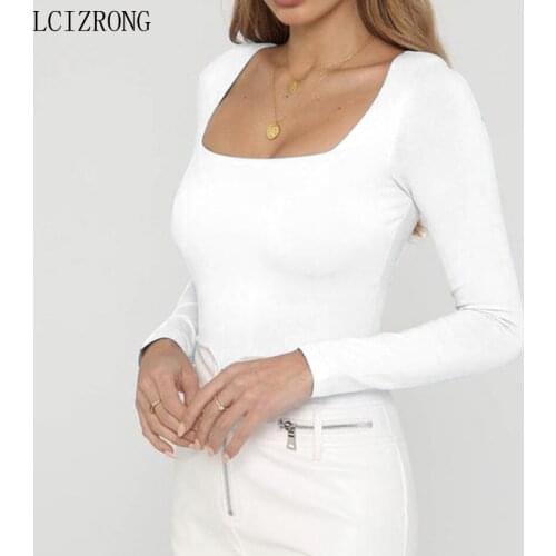 Casual Solid Slim Tshirt Women 5 Colors Square Collar Sexy Bodycon T Shirt Black White Tee Plus Size Underwear Female