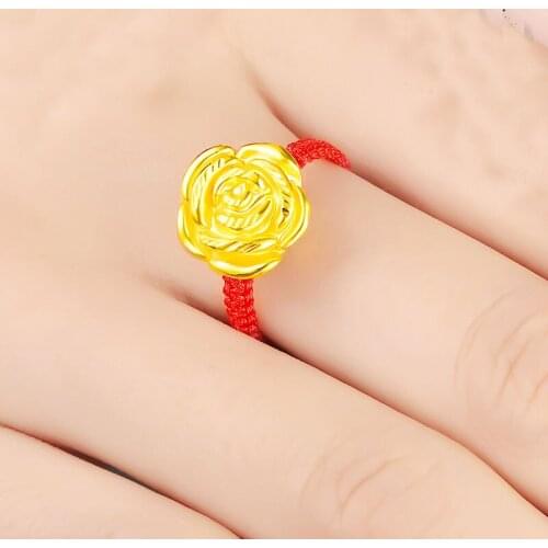 24K Yellow Gold Ring Women 999 Gold Rose Flower Ring Red String Weave Ring