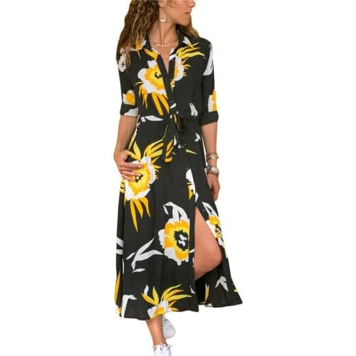 Women Shirt Dress Summer Floral Print Long Sleeve Turn Down Collar Bandage Casual Streetwear Dresses Lady Office Workwear Dress