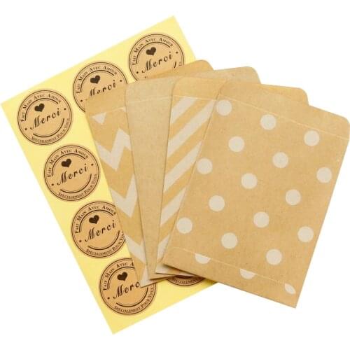 100sets Gift Bag for Snacks Flat Favor Bag Party Treat Paper Candy Donuts Prsent Kraft Bags with Thank You Merci Seal Stickers