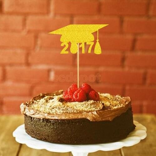 20pcs DIY Glitter Gold 2017 Graduation Cap Food Muffin Cake Topper Grad Hat Cupcake Picks Party Favors Decoration