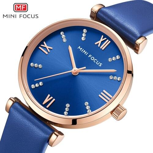MINI FOCUS Fashion Quartz Watch Women Luxury Chronograph Wrist Watch Lady Blue Genuine Leather Strap Waterproof Relogio Feminino