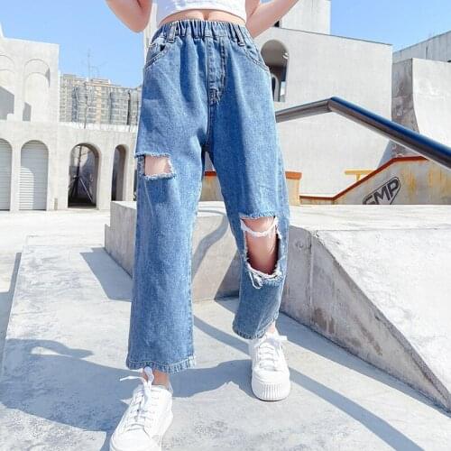 Children Vintage Ripped Jeans Cool Girl Loose Cropped Jeans Kids Summer Elastic Waist Denim Short Pants Teen Casual Trousers 14t