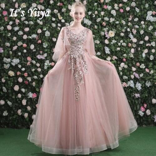 Long Evening Dress Its Yiiya AR441 Luxury Appliques Beadings Evening Dresses V-neck Summer Party Gown Plus Size Robe De Soiree
