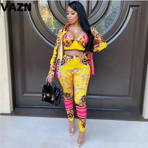 VAZN 2020 Autumn Hot High-end Sexy Retro Full Sleeve Cloth 1 Piece Underwears Top Group Long Pants Skinny Women 3 Piece Set