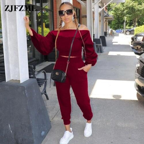 Hipster Streetwear Womens Tracksuit Casual Slash Neck Long Sleeve Crop Top+side Pockets Jogger Trouser Active Wear Sport Suit