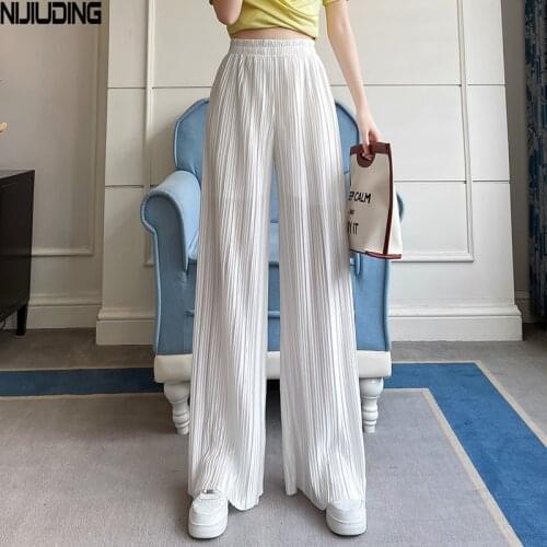 Women INS Elastic High Waist Wide Leg Pant 2021 Summer Thin Ice Silk Pleated Loose Street Pant Female Floor-Length Long Trousers