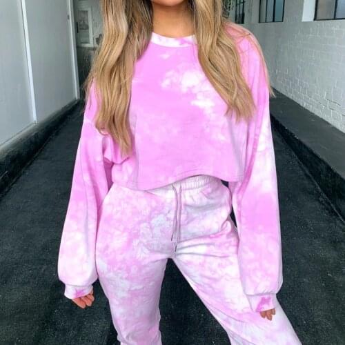 Echoine Winter Autumn Short Crop Top Hooded Pants Two Piece Set Sporty Active Tie Dye Print Workout Matching Set lounge wear