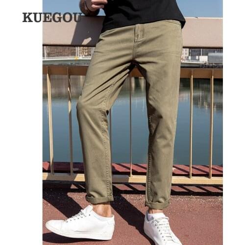 KUEGOU 2021 Autumn 100% Cotton Solid Black Casual Pants Men Long Classic Pocket For Male Wear Work Brand Straight Trousers 3022
