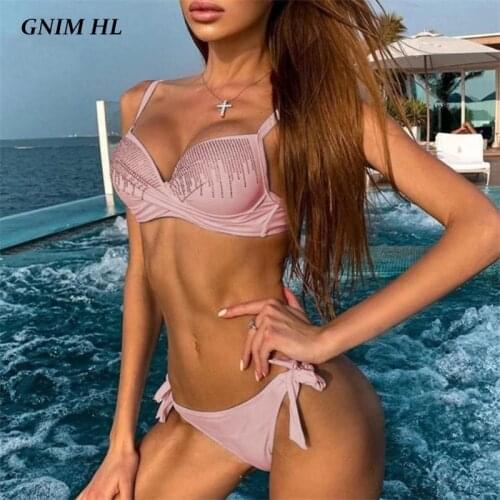 GNIM Bandage Bikini Swimwear Women Push Up 2020 Sexy Solid Brazilian Diamond Swimsuit Female Two Pieces Summer Beachwear Biquini