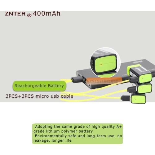 3pcs ZNTER 9V 400mAh lithium li-po li-ion rechargeable battery + 3 In 1 micro usb cable for charging